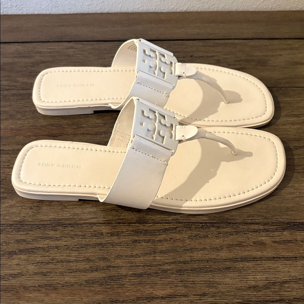EUC [TORY BURCH] Georgia Logo Toe Slide Sandals Smooth White Leather Women’s 9 - Picture 6 of 12
